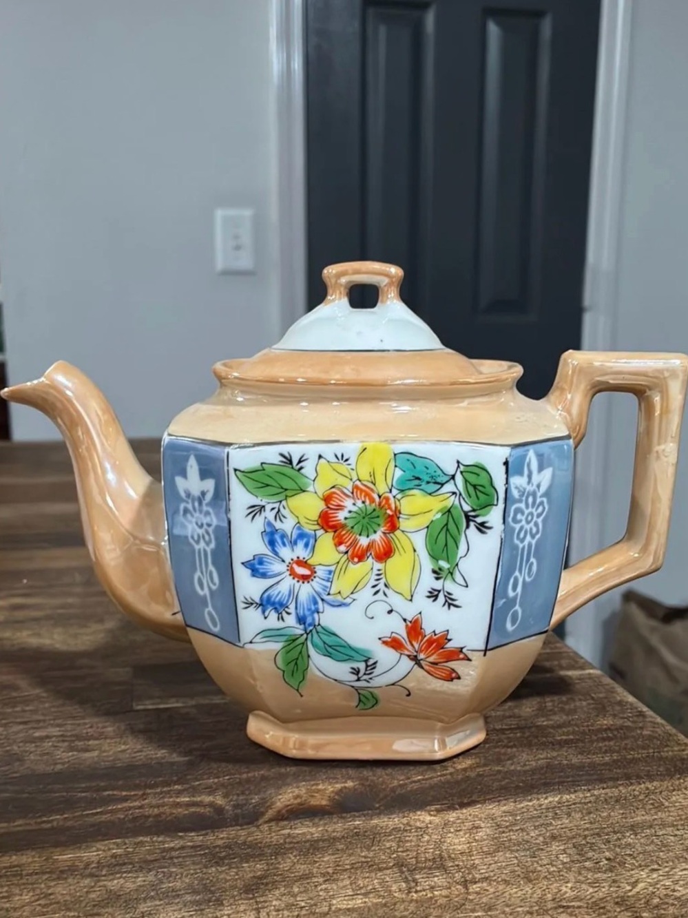 Vintage Floral Ceramic Teapot in Peach and Multicolor Lusterware